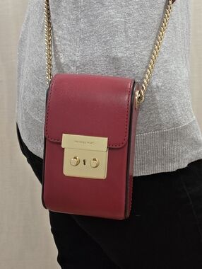 Michael Kors Red Leather Crossbody Phone Pouch with Gold Chain